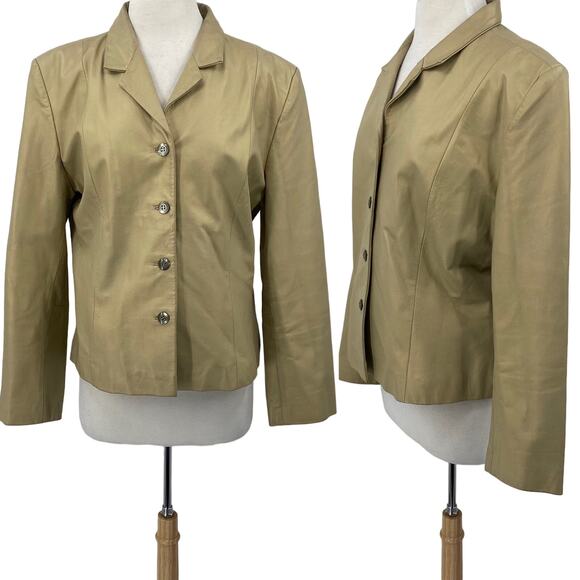 Vintage Leather Jacket Single Breasted Button Down Collared Beige Womens Large - Picture 1 of 16